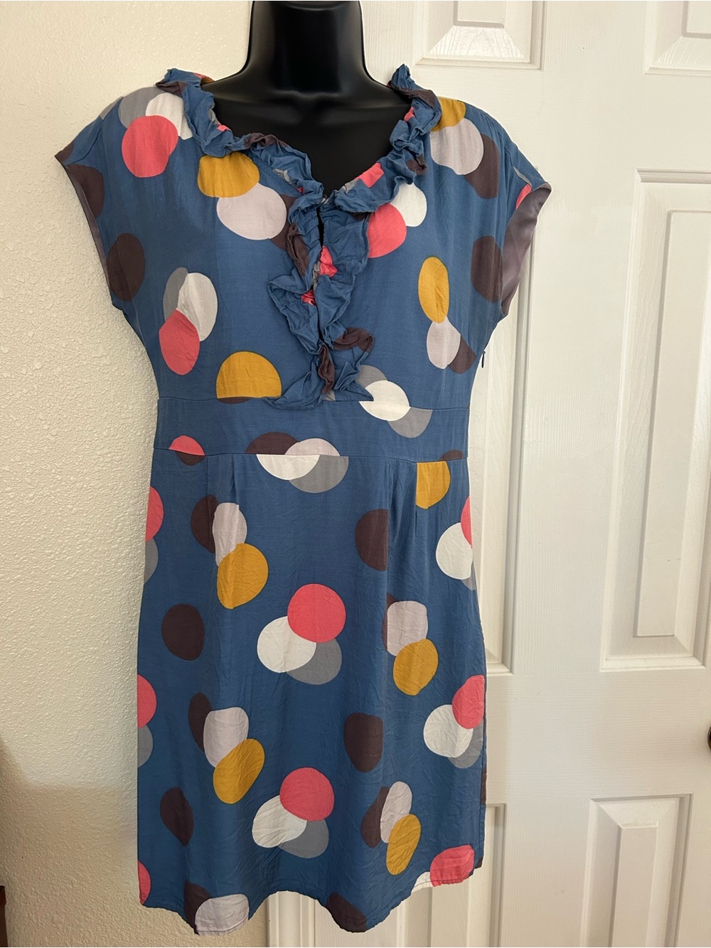 Boden Blue Polka Dot Ruffle V-Neck Mini Dress